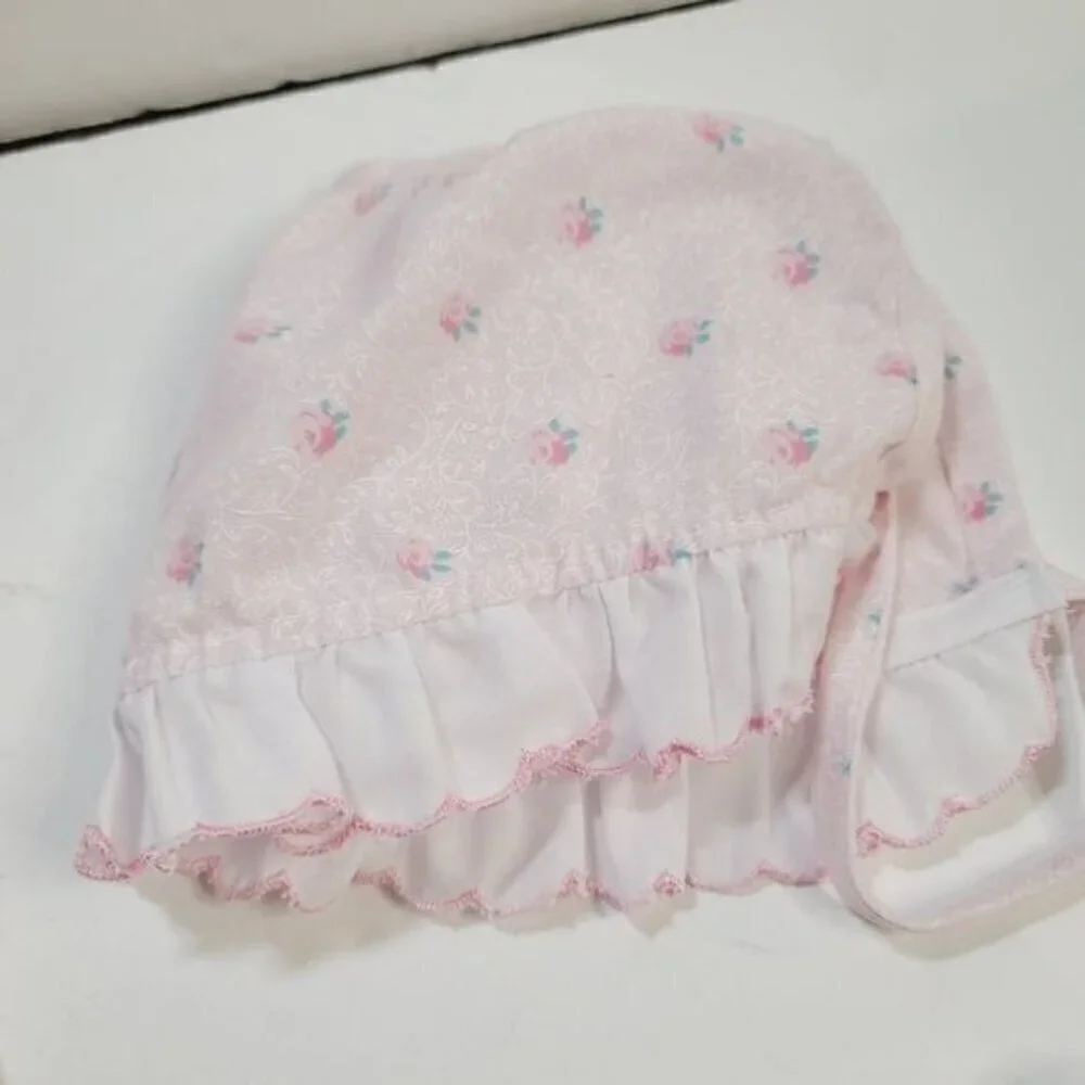 Vintage 90s Mayfair Pastel Pink Tulip Embroidery Baby Romper and Bonnet